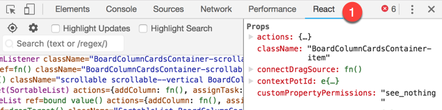 Step one, selecting the React tab within the Google Chrome developer tools